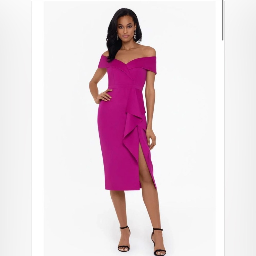 Xscape Off-Shoulder Fuchsia Midi Dress